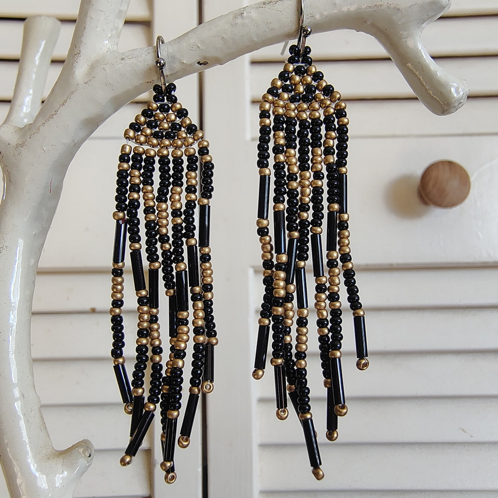 Handmade Elegant Black and Gold Beaded Fringe Earrings